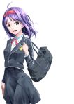  1girl :d absurdres ahoge alternate_hair_length alternate_hairstyle bag black_jacket black_skirt dress_shirt floating_hair hair_intakes hairband highres holding jacket long_hair long_sleeves looking_at_viewer neck_ribbon open_mouth purple_hair red_hairband red_ribbon ribbon school_bag school_uniform shiny shiny_hair shirt skirt smile solo sword_art_online transparent_background white_shirt yellow_eyes yuuki_(sao) yuuzetu 