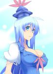  1girl blue_clothes blue_eyes blue_hair breasts cleavage eyes_visible_through_hair from_side hair_between_eyes impossible_clothes kamishirasawa_keine large_breasts long_hair looking_at_viewer puffy_short_sleeves puffy_sleeves ribbon shirt short_sleeves solo tamuhi touhou upper_body white_shirt 