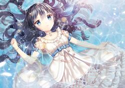  1girl afloat black_hair blue_eyes dress hair_ornament jewelry lens_flare long_hair original partially_submerged saban smile solo star 