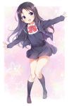  1girl :d black_hair black_legwear blush bow charlotte_(anime) chiyingzai fang hair_ornament highres kneehighs loafers long_hair open_mouth otosaka_ayumi outstretched_arms school_uniform shoes skirt smile solo spread_arms violet_eyes 