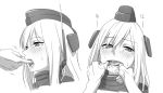  1girl finger_in_another&#039;s_mouth hat headgear kantai_collection kinosuke_(sositeimanoga) long_hair monochrome tears u-511_(kantai_collection) 