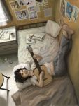  1girl acoustic_guitar barefoot butterfly capri_pants casual evokid feet guitar happy instrument legs_up messy_hair original pants playing_instrument poster room sheet_music smile soles t-shirt 