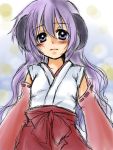  1girl detached_sleeves expressionless hakama hanyuu haori higurashi_no_naku_koro_ni horns japanese_clothes long_hair miko purple_hair ribbon-trimmed_sleeves ribbon_trim sketch violet_eyes yuuna_katsumi 