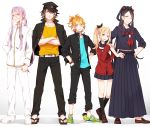  5boys black_legwear blonde_hair blue_eyes bracelet brown_hair crossdressinging crossed_arms full_body geta green_eyes hachisuka_kotetsu hands_in_pockets hands_on_hips hat highres jacket_on_shoulders jewelry jirou_tachi kamekichi long_hair long_skirt looking_at_viewer male_focus midare_toushirou multicolored_hair multiple_boys nagasone_kotetsu no_socks one_eye_closed orange_hair otoko_no_ko parted_lips pleated_skirt ponytail purple_hair school_uniform serafuku shoes simple_background skirt socks standing touken_ranbu turtle two-tone_hair urashima_kotetsu very_long_hair white_background yellow_eyes yugake_(mrnmrm) 