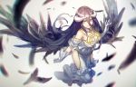  1girl albedo bare_shoulders black_hair black_wings breasts cleavage demon_girl feathered_wings feathers gloves highres horns infukun large_breasts long_hair looking_at_viewer overlord_(maruyama) slit_pupils smile solo white_gloves wings yellow_eyes 