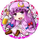  1girl alcohol beer beer_mug boots chibi crescent_hair_ornament excel_(shena) hair_ornament mob_cap patchouli_knowledge purple_hair saliva solo touhou violet_eyes 