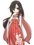  1girl bangs black_hair blush bow covering_mouth floral_print hakama hand_over_own_mouth ichi_hachi_rei_rei japanese_clothes kimono long_hair looking_at_viewer original parted_bangs red_eyes scarf simple_background smile white_background 