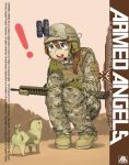  ! 1girl anyan_(jooho) armed_angels assault_rifle backpack bag blue_eyes brown_hair camouflage dessert dog ear_protection food gloves gun hat headphones headset helmet load_bearing_vest m4_carbine military military_hat military_uniform multicam_(camo) night_vision_device open_mouth original puppy rifle soldier solo squatting uniform weapon 