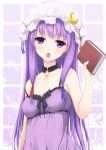  1girl babydoll bare_arms book breasts choker collarbone crescent long_hair looking_at_viewer mob_cap open_mouth patchouli_knowledge purple_hair ribbon_choker solo tokugawa_landine touhou very_long_hair violet_eyes 
