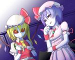  2girls angry ascot bat_wings black_sclera blonde_hair broken crystal doll flandre_scarlet gradient hat hat_ribbon lavender_hair light_particles looking_at_another mob_cap multiple_girls okahi puffy_sleeves red_eyes red_sclera remilia_scarlet ribbon shirt short_hair short_sleeves siblings side_ponytail sisters skirt skirt_set smile touhou vest wings wrist_cuffs yellow_eyes 