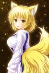  1girl animal_ears blonde_hair blush breasts fox_ears fox_tail large_breasts looking_at_viewer multiple_tails nagana_sayui no_hat open_mouth short_hair smile solo tail touhou yakumo_ran yellow_eyes 