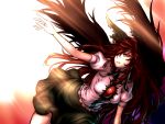  1girl black_wings brown_hair cape covering_one_eye hair_ornament hair_ribbon light light_rays long_hair looking_away miata_(pixiv) outstretched_arm parted_lips puffy_sleeves red_eyes reiuji_utsuho ribbon shirt short_sleeves skirt solo third_eye touhou wings 