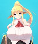  1girl animal_ears blonde_hair blue_background blue_eyes blueberry_(5959) breasts centaur centorea_shianus hand_on_own_chest horse_ears huge_breasts long_hair looking_at_viewer monster_girl monster_musume_no_iru_nichijou signature simple_background sleeveless solo upper_body very_long_hair 
