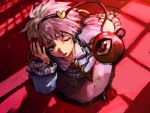  1girl dutch_angle eyeball from_above hand_on_head heart itirirenn komeiji_satori long_sleeves looking_at_viewer looking_up one_eye_closed open_mouth pink_hair shirt short_hair skirt solo string third_eye touhou wide_sleeves 