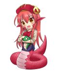  1girl blush breasts chibi erusen_(des-arms) fang full_body hat lamia long_hair miia_(monster_musume) monster_girl monster_musume_no_iru_nichijou pointy_ears redhead scales shirt simple_background solo stuffed_snake taut_clothes taut_shirt white_background yellow_eyes 