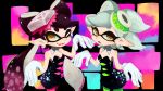  +_+ 2girls aori_(splatoon) black_hair brown_eyes detached_collar domino_mask dress earrings fangs food food_on_head gloves hair_rings hotaru_(splatoon) jewelry long_hair mask mole mole_under_eye multiple_girls nika_(happyakuman) object_on_head pantyhose purple_legwear silver_hair splatoon sushi unitard white_gloves 