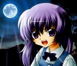 1girl bowtie full_moon hanyuu higurashi_no_naku_koro_ni horns long_hair moon night purple_hair sachiko shirt vest violet_eyes 