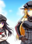  2girls :c akatsuki_(kantai_collection) anchor_symbol bare_shoulders bismarck_(kantai_collection) black_hair blonde_hair blue_eyes blue_sky breasts brown_gloves clouds crossed_arms detached_sleeves gloves hand_on_hip hat kantai_collection kawasumi_yuuto large_breasts long_hair long_sleeves looking_at_viewer military military_uniform multiple_girls neckerchief sailor_hat school_uniform serafuku shirt size_difference skirt sky smile uniform very_long_hair violet_eyes 