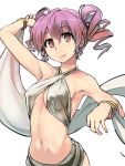  1girl arabian_clothes bracelet breasts curly_hair dancer harem_outfit jewelry looking_at_viewer midriff navel pink_eyes pink_hair smile solo twintails upper_body yuugiri 
