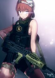  1girl assault_rifle backlighting backwards_hat bike_shorts breasts brown_hair bullpup bypos freckles gloves gradient gradient_background gun hat highres l85 lens_flare load_bearing_vest no_shirt original rifle scarf short_hair sideboob signature solo thigh_strap violet_eyes weapon 