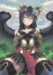  1girl badominton black_hair black_panties breasts cleavage cleavage_cutout grass long_hair panties pantyshot persephone_(p&amp;d) pointy_ears puzzle_&amp;_dragons underwear violet_eyes wings wreath 