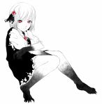  1girl barefoot black_dress black_skin dress expressionless fingernails hair_ornament hairpin igyouhime looking_at_viewer monochrome puffy_short_sleeves puffy_sleeves red_eyes rumia sharp_fingernails sharp_toenails short_hair short_sleeves solo spot_color torn_clothes touhou white_pupil 