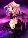  1girl ange_vierge black_legwear blush boots bow daikan&#039;yama_ebisu demon_girl demon_horns demon_tail demon_wings fang framboise_(ange_vierge) horns jewelry official_art original pendant pink_hair pointy_ears red_eyes showgirl_skirt solo tail tail_bow thigh-highs two_side_up wings 