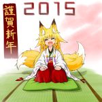  1girl 2015 :d ^_^ animal_ears blonde_hair closed_eyes fang fox_ears fox_tail hakama haori highres japanese_clothes long_hair miko multiple_tails open_mouth original ribbon-trimmed_sleeves ribbon_trim senbon sitting smile tail two_tails 