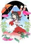  1girl ascot black_eyes black_hair bottle detached_sleeves fish flower furby gohei goldfish hair_ornament hair_ribbon hair_tubes hakurei_reimu highres japanese_clothes kakueki-teisha leaf long_hair long_sleeves looking_at_viewer miko ribbon shirt skirt skirt_set smile solo touhou volcano wide_sleeves 