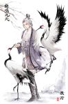  1boy bird boots branch chinese_clothes crane_(animal) full_body hair_bun kyanite ravages_of_time robe snow white_hair yuan_fang 