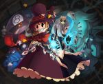  2girls andy_anvil apron avery_(skullgirls) back-to-back bird bloody_marie_(skullgirls) bow boxing_gloves cigar crossed_arms dress extra_eyes eye_socket flame george_the_bomb gloves hair_ornament hat lenny_the_bomb looking_at_viewer looking_back maid maid_apron maid_headdress mechanical_arms multiple_girls peacock_(skullgirls) red_eyes ribbon ribs sharp_teeth short_hair silver_hair skull skull_hair_ornament skull_heart skullgirls smile smoking tommy_ten-tons top_hat twintails white_gloves 