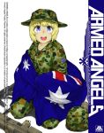 1girl anyan_(jooho) armed_angels assault_rifle australian_flag bayonet blonde_hair blue_eyes boonie_hat bullpup camouflage gun hat helmet knife looking_at_viewer m72_law military military_hat military_uniform open_mouth original rifle seiza shadow short_hair simple_background sitting solo steyr_aug uniform weapon white_background 