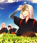  3boys basket blue_sky clouds eyes_visible_through_hair green_eyes green_hair hair_over_one_eye japanese_clothes kimono male_focus multiple_boys open_mouth outdoors sky solo_focus sun sweat touken_ranbu tsurumaru_kuninaga uguisumaru unmoving_pattern white_hair yellow_eyes yugake_(mrnmrm) 