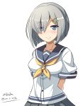  1girl arms_behind_back blue_eyes blush breasts collarbone eyes_visible_through_hair hair_ornament hair_over_one_eye hairclip hamakaze_(kantai_collection) highres kantai_collection kayama_kenji large_breasts looking_at_viewer neckerchief school_uniform serafuku short_hair short_sleeves silver_hair simple_background sketch smile solo twitter_username upper_body white_background 