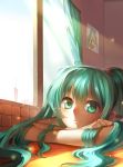  1girl absurdres curtains green_eyes green_hair hatsune_miku highres light_smile looking_at_viewer solo vocaloid window 