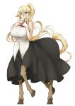  1girl animal_ears ascot bare_shoulders blonde_hair blue_eyes blush breasts centaur centorea_shianus full_body hands_on_own_chest horse_ears horse_tail huge_breasts long_hair looking_at_viewer monster_girl monster_musume_no_iru_nichijou multiple_legs pas_(paxiti) pointy_ears ponytail ribbed_shirt shirt simple_background sleeveless solo tail very_long_hair white_background 