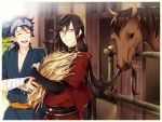  2boys bandages bandana brown_hair closed_eyes horse izumi-no-kami_kanesada japanese_clothes long_hair male_focus multiple_boys mutsu-no-kami_yoshiyuki outdoors seigaiha stable sweat touken_ranbu very_long_hair white_border yugake_(mrnmrm) 