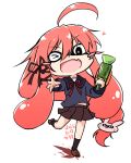  ahoge fang inkling inkling_(cosplay) inori_(xyz5568) kantai_collection long_hair one_eye_closed open_mouth parody pink_hair school_uniform serafuku skirt smile splatoon uzuki_(kantai_collection) water_gun 