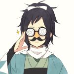  1boy bridal_gauntlets funny_glasses glasses haori high_ponytail japanese_clothes long_hair male_focus purple_hair scarf shinsengumi simple_background solo sparkle touken_ranbu upper_body white_background white_scarf yamato-no-kami_yasusada yugake_(mrnmrm) 