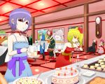  6+girls alternate_costume bandages bat_wings black_sclera blank_eyes blonde_hair blue_dress bow braid cake crescent_hair_ornament crystal dress flandre_scarlet food food_on_face hair_bow hair_ornament hair_ribbon head_wings highres hong_meiling indoors izayoi_sakuya koakuma looking_at_viewer multiple_girls necktie no_hat okahi patchouli_knowledge puffy_sleeves purple_hair red_dress red_eyes red_sclera redhead remilia_scarlet ribbon sash short_hair short_sleeves side_ponytail sitting sleeveless strapless_dress tears tongue tongue_out touhou twin_braids wings wrist_cuffs 