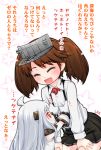  2girls :d ^_^ artist_name brown_hair closed_eyes commentary_request dress fang kantai_collection lee_(colt) long_hair long_sleeves magatama mittens multiple_girls northern_ocean_hime open_mouth ryuujou_(kantai_collection) shinkaisei-kan sleeveless sleeveless_dress smile translation_request visor_cap white_hair 