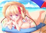  1girl ass beach bikini blonde_hair blue_sky bow clouds drink drinking_straw flandre_scarlet hair_bow hat lake legs_up lowres lying on_stomach open_mouth parasol pink_eyes rika-tan_(rikatantan) side_ponytail sky smile solo straw_hat swimsuit touhou umbrella white_bikini white_swimsuit wings 