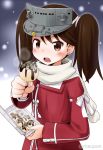  1girl :o blush breath brown_eyes brown_hair haruna_mao japanese_clothes kantai_collection kariginu long_sleeves ryuujou_(kantai_collection) scarf snow takoyaki twintails visor_cap 