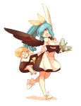  1boy 1girl bare_shoulders blonde_hair blue_hair breasts cleavage colored_eyelashes cup dizzy eyepatch flower guilty_gear guilty_gear_xrd long_hair mother_and_son ponytail red_eyes ribbon san_(winteroll) sin_kiske slippers tail tea teacup teapot tray wings 