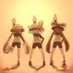  3girls aori_(splatoon) ayakashi_(monkeypanch) bike_shorts from_behind hair_rings headgear highres hotaru_(splatoon) index_finger_raised inkling leg_up long_hair long_sleeves multiple_girls sepia shoes short_hair splatoon tentacle_hair v 