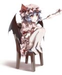  2girls absurdres bat_wings blue_hair brooch chair commentary_request dena.ei dress feeding hat hat_ribbon highres izayoi_sakuya jewelry multiple_girls open_mouth pink_dress pudding puffy_short_sleeves puffy_sleeves red_eyes remilia_scarlet ribbon short_sleeves sitting solo_focus spoon thigh-highs touhou white_legwear wings wrist_cuffs 