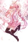  1girl cherry_blossoms detached_sleeves douzhi hatsune_miku highres long_hair pink_eyes pink_hair sakura_miku skirt solo thigh-highs twintails very_long_hair vocaloid 