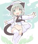  1girl :d animal_ears black_necktie blue_eyes blush cat_ears cat_tail grey_hair groin leg_up navel necktie okayu_(headless) open_mouth outstretched_arms panties sanya_v_litvyak short_hair side-tie_panties smile solo strike_witches tail thigh-highs underwear white_legwear white_panties 
