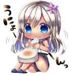  1girl :3 blonde_hair blue_eyes chibi chocolat_(momoiro_piano) closed_mouth crop_top eating flower food hair_flower hair_ornament kantai_collection long_hair mochi ro-500_(kantai_collection) sitting slippers solo swimsuit swimsuit_under_clothes wagashi 