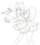  /// 1girl animal_ears asa_(xametaler) blush breasts cat_ears cat_tail cleavage high_resolution large_breasts long_hair maid monochrome sketch spilling thigh-highs 